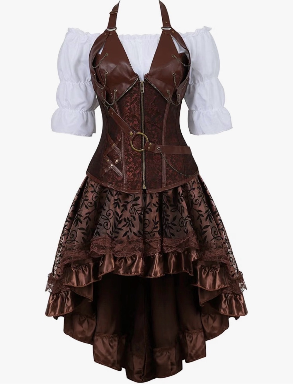 Steampunk Leather Corset Vest with Renaissance Blouse and Floral Skirt